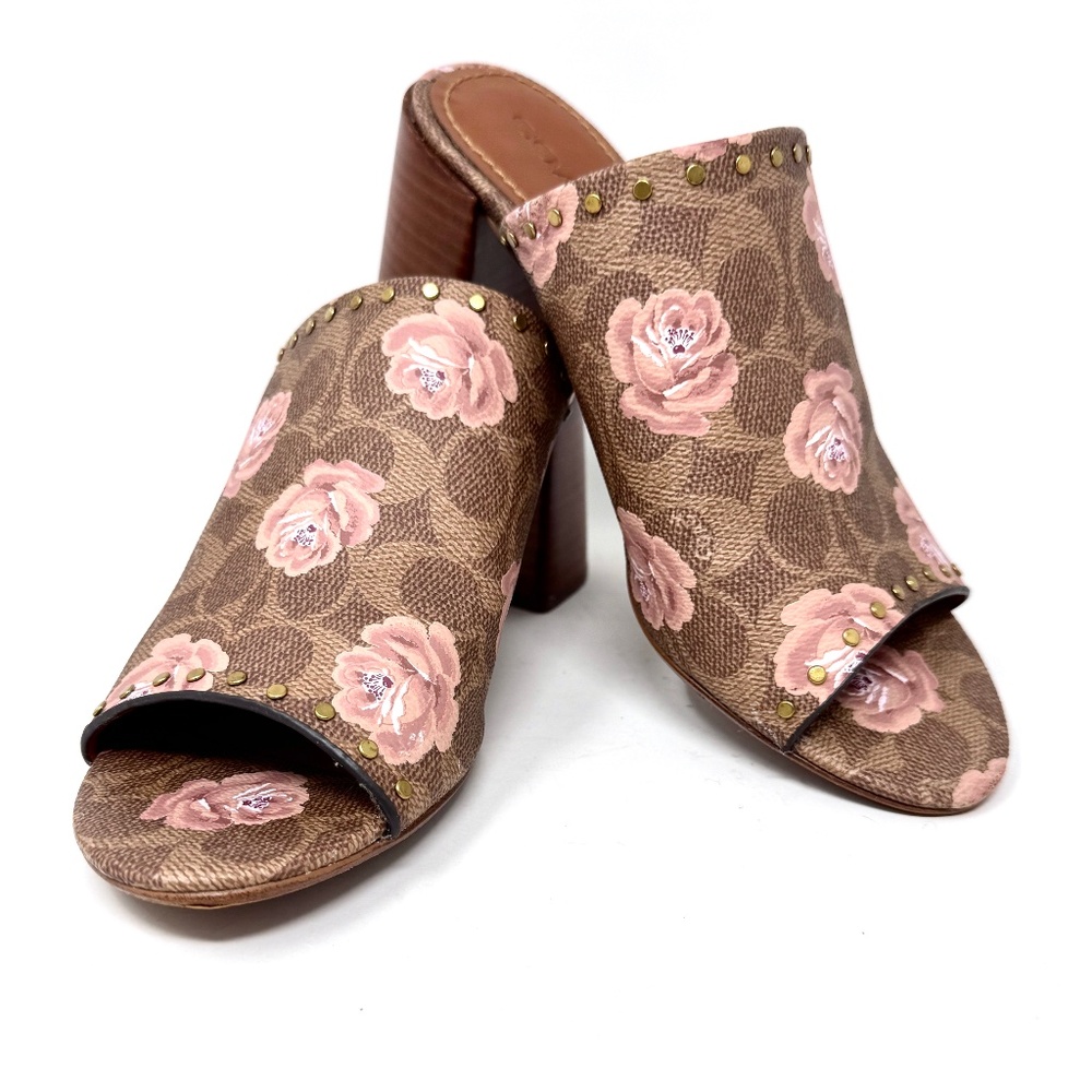 Coach Block Heel Slides in Signature Rose Print US Size 8